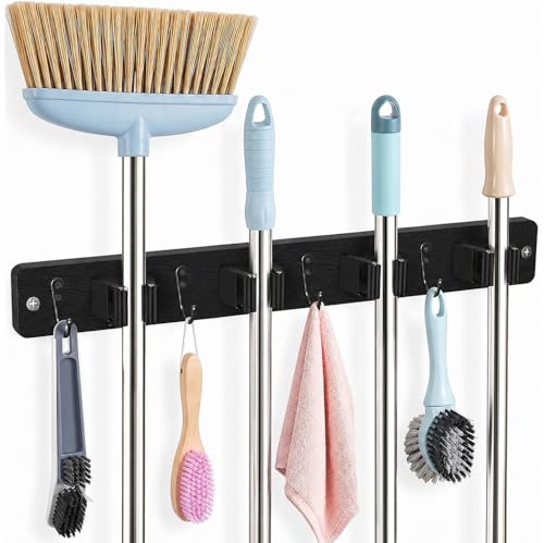 AceMining Black Broom Holder Wall Mount, 4 Holders 4 Hooks Mop - Product Imagery