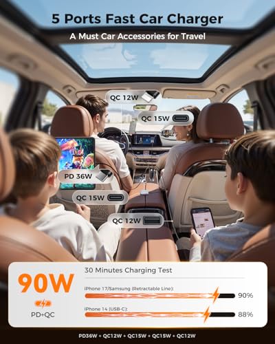 SUPERONE 90W Retractable Car Charger with Dual Cables Car Phone - Product Imagery