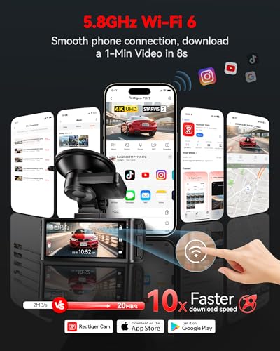 REDTIGER 4K STARVIS 2 Dashcam Front Rear, 5GHz WiFi 20MB/s, Free - Product Imagery