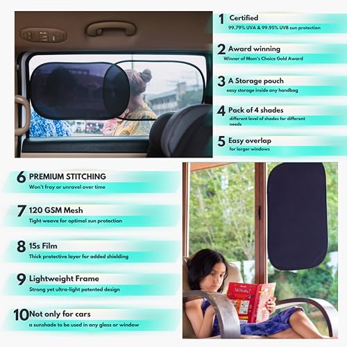 Car Window Shades - Certified 99.79% UVA & 99.95% UVB sun - Product Imagery