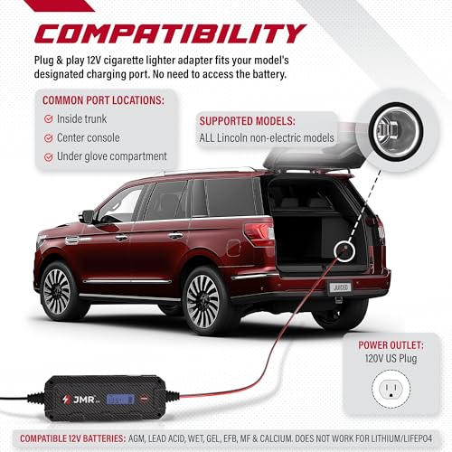 JMR 12V Battery Charger for Lincoln, 12V Cig. Port, No Lithium - Product Imagery