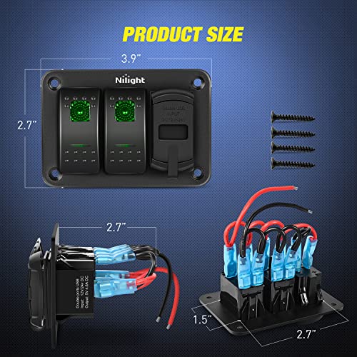 Nilight 2 Gang Rocker Switch Panel with Dual USB Socket Voltmeter - Product Imagery