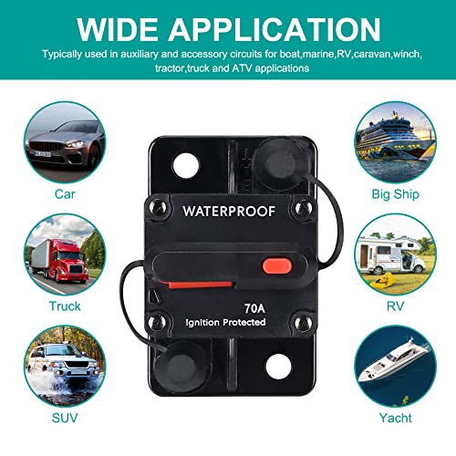 70 Amp Circuit Breaker,Waterproof,with Manual Reset,12V-48V DC, - Product Imagery