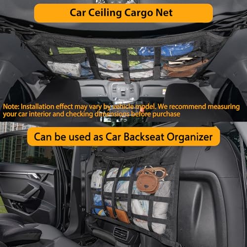 Car Ceiling Cargo Net with 3 Pockets,31.5"x21.6" Car Overhead - Product Imagery