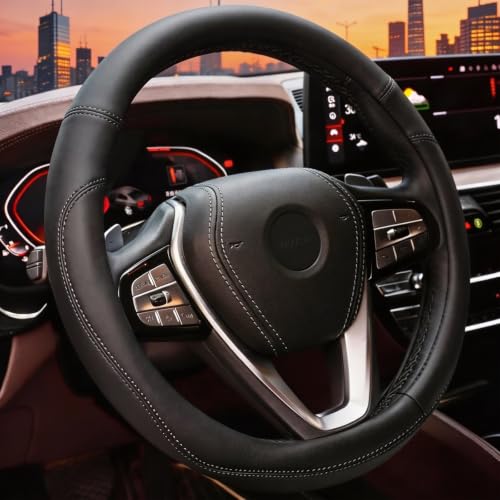 HOTOR Car Leather Steering Wheel Cover, Universal 14.5"-15",Black - Product Imagery