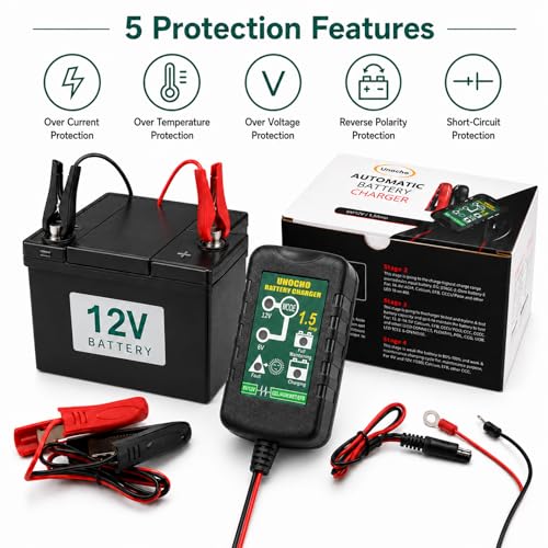 Unocho 6V/12V Battery Charger Maintainer 1.5A Automatic Trickle - Product Imagery