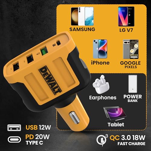 DEWALT Heavy Duty 4 Port USB C Car Charger Multiport, Fast 60W - Product Imagery