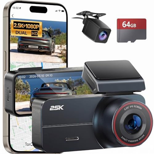 Dash Cam 2.5K Front Rear 64GB WiFi GPS 160° Night Vision - Product Imagery