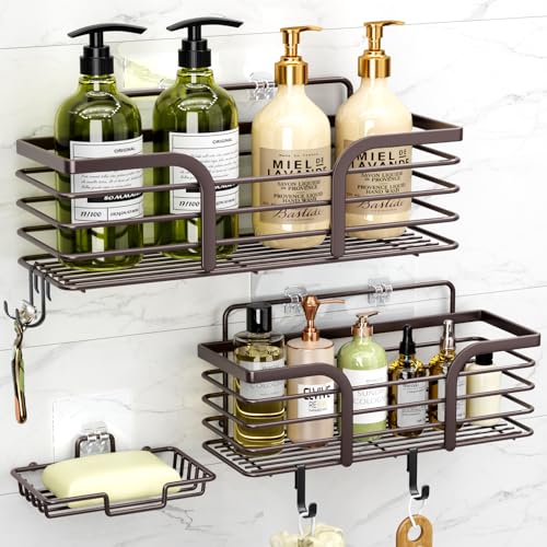 Yougai Shower Organizer with Soap Holder and Hooks, (Brown) - Product Imagery