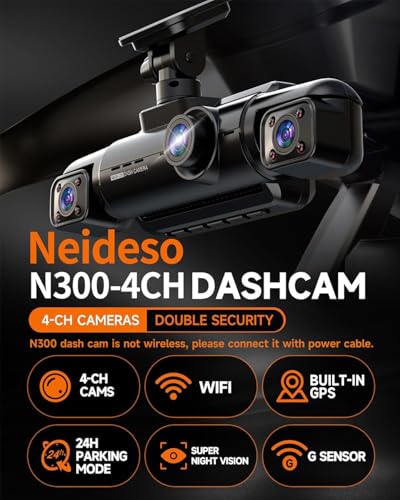 Neideso 360° Dash Cam Front and Rear Inside, 4 Channel Dash - Product Imagery