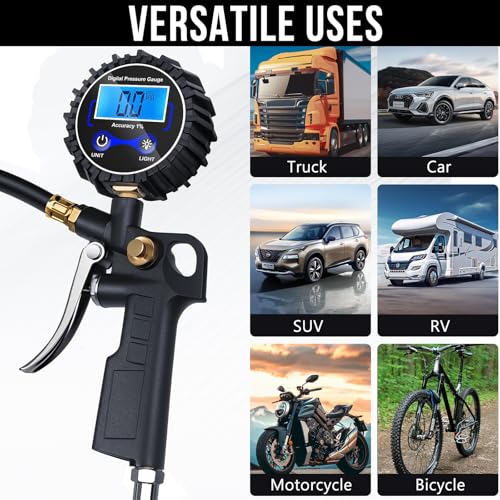 Digital Tire Pressure Gauge with Inflator 3-250 PSI, Heavy Duty - Product Imagery