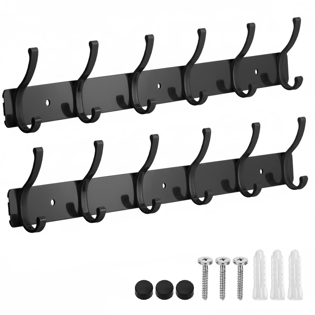Wall Mount Coat Rack 2 Pack, Black Coat Hooks Hanger with 6 - Product Imagery