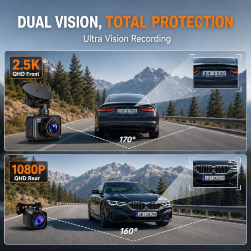 Dash Cam Front and Rear for Cars, 2.5K+1080P Dual Camera with 2" - Product Imagery