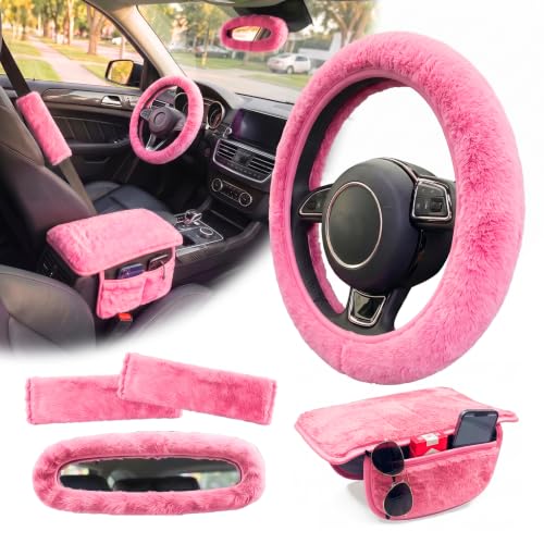 5 Pcs Fuzzy Pink Color Car Accessories Set, Soft Fluffy Plush - Product Imagery