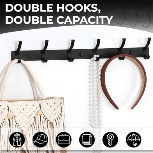 Wall Mount Coat Rack 2 Pack, Black Coat Hooks Hanger with 6 - Product Imagery