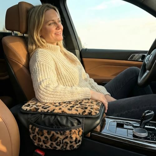 Plush Fuzzy Car Center Console Cover with Side Pockets, Leopard - Product Imagery