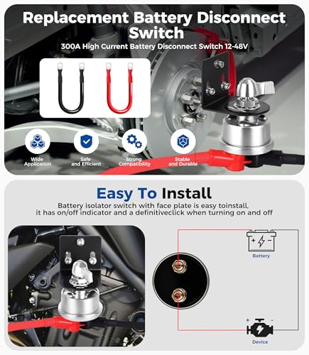 300A 12V 48V Battery Disconnect Switch with 2GA Cable Side Post - Product Imagery