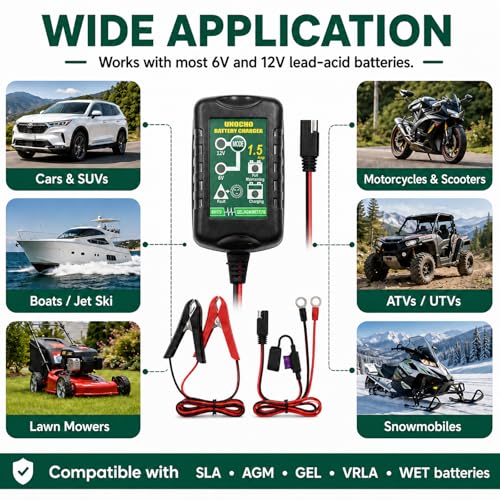 Unocho 6V/12V Battery Charger Maintainer 1.5A Automatic Trickle - Product Imagery