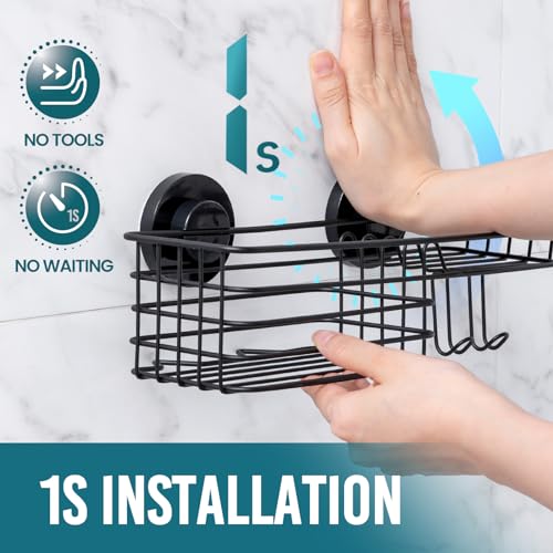 TAILI Shower Caddy Suction Cup with Hooks and Soap holder, Black - Product Imagery
