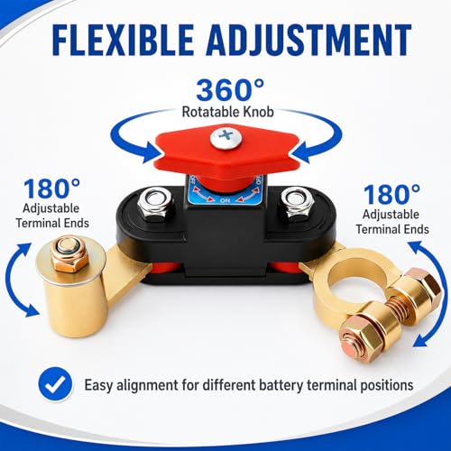 Car Battery Disconnect Switch 12V/24V, Heavy Duty Brass Top Post - Product Imagery