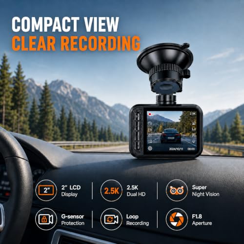 Dash Cam Front and Rear for Cars, 2.5K+1080P Dual Camera with 2" - Product Imagery