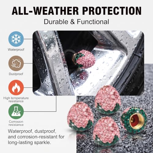 4PCS Strawberry Car Tire Valve Stem Caps, Cute Bling Rhinestone - Product Imagery