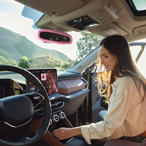 Car Rearview Mirror Cover, Pink Plush Elasticity Rear View - Product Imagery