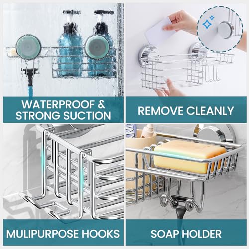TAILI Shower Caddy Suction Cup with Hooks & Soap Holder, Silver - Product Imagery