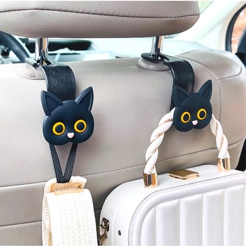 Car Seat Headrest Hooks, 2 Pack Black Cute Cartoon Cat Hook - Product Imagery