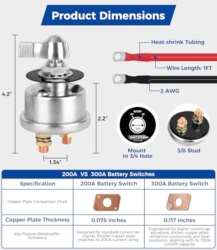 300A 12V 48V Battery Disconnect Switch with 2GA Cable Side Post - Product Imagery