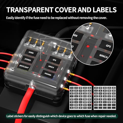 DaierTek 12V Fuse Block 6 Way 12 Volt Fuse Box ATO/ATC Marine - Product Imagery