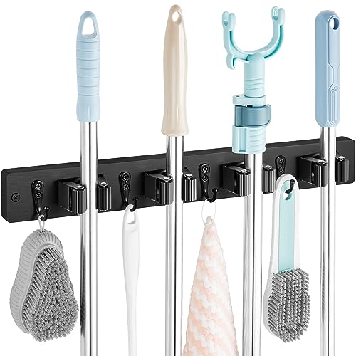 OUTNILI Black Mop Broom Holder Wall Mount with 4 Slots & 4 Hooks - Product Imagery