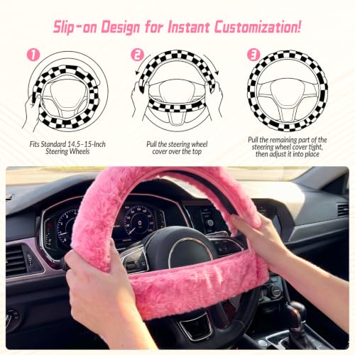 5 Pcs Fuzzy Pink Color Car Accessories Set, Soft Fluffy Plush - Product Imagery