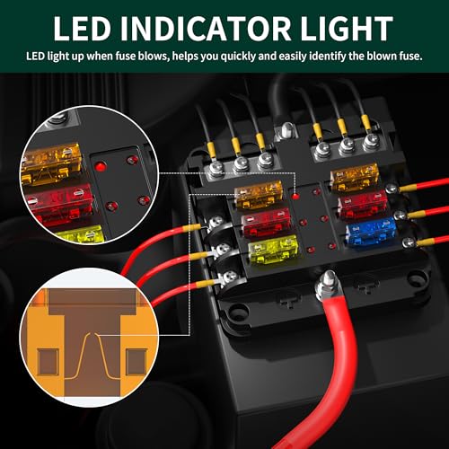 DaierTek 12V Fuse Block 6 Way 12 Volt Fuse Box ATO/ATC Marine - Product Imagery