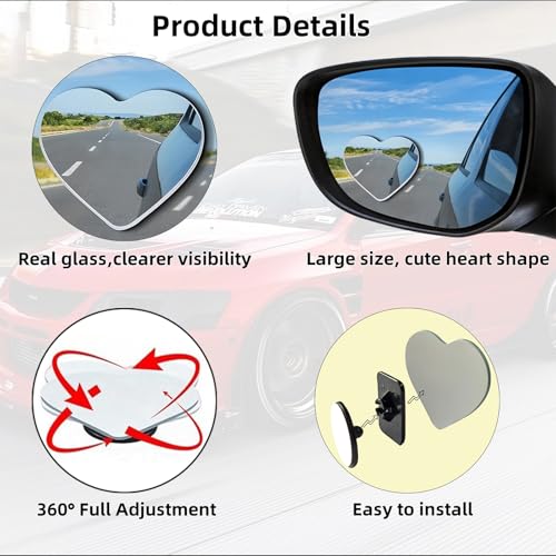 Heart Shaped Blind Spot Mirrors 2 Pack, Large Wide Angle Convex - Product Imagery