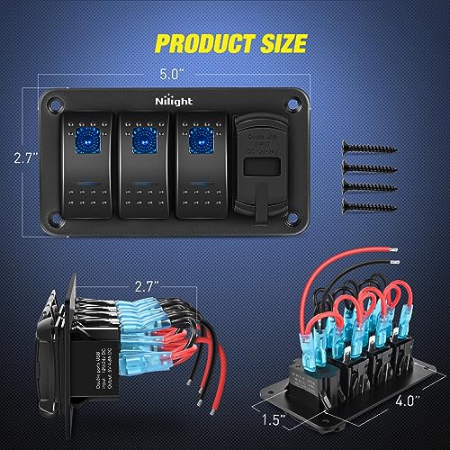 Nilight 3 Gang Rocker Switch Box 12V SPST ON Off PD Type C and - Product Imagery