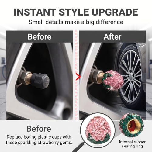 4PCS Strawberry Car Tire Valve Stem Caps, Cute Bling Rhinestone - Product Imagery