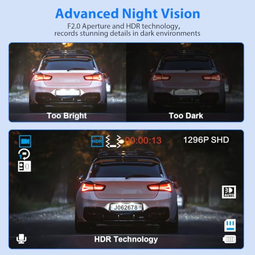 Dash Cam Front and Rear, 1296P Dash Camera for Cars, 3 Channel - Product Imagery
