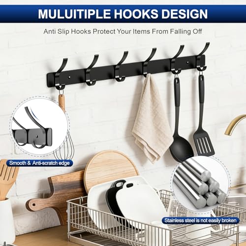 Wall Mounted Coat Rack, 6 Hooks for Hanging Clothes, Black, - Product Imagery