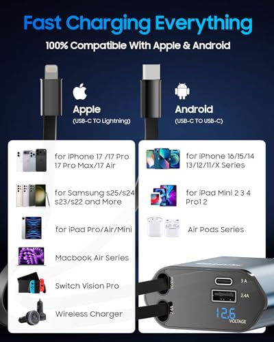 Retractable Car Charger for iPhone 17, 69W USB C 4 in 1 Fast - Product Imagery