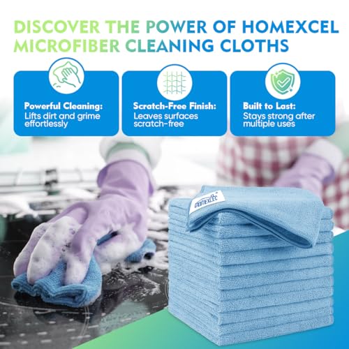 HOMEXCEL Blue Microfiber Cleaning Cloth 6 Pack 12.5 x 12.5 inch - Product Imagery