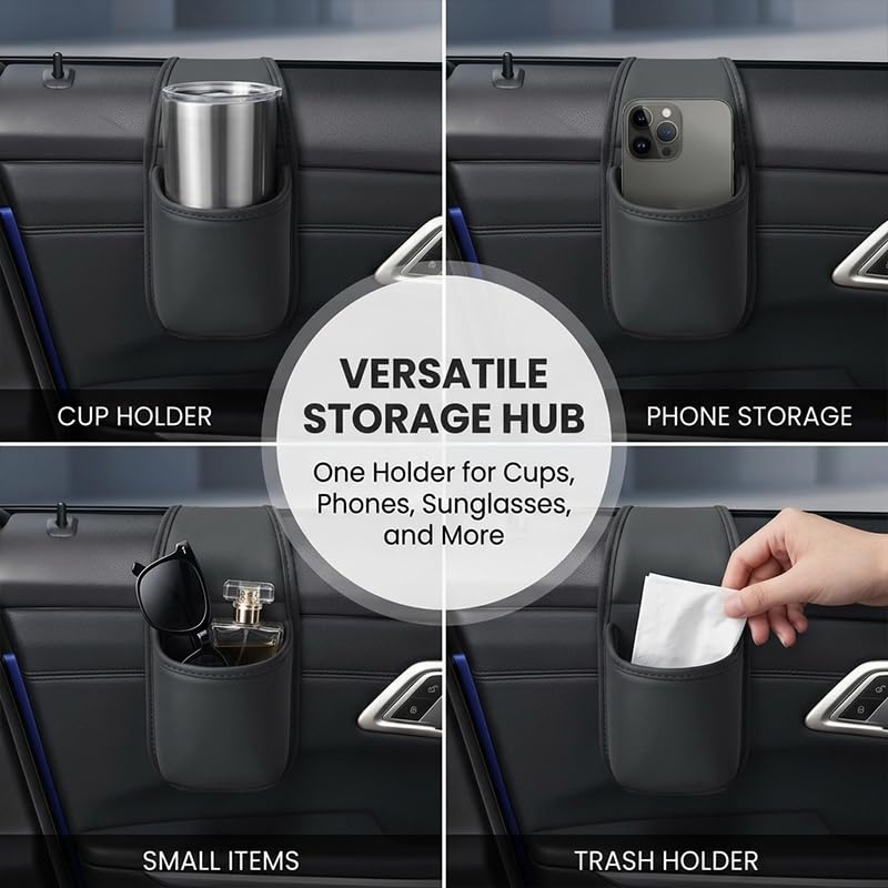 Leather Car Door Cup Holder Organizer for Drinks and Phones，Black - Product Imagery