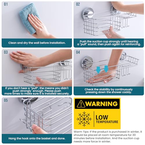 TAILI Shower Caddy Suction Cup with Hooks & Soap Holder, Silver - Product Imagery