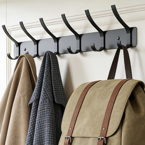 Wall Mounted Coat Rack, 6 Hooks for Hanging Clothes, Black, - Product Imagery