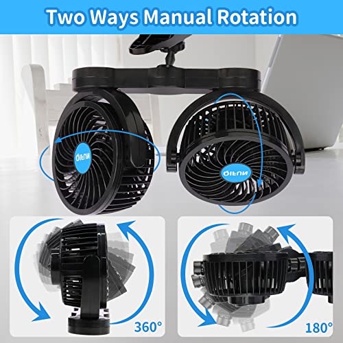 QIFUN Car Fan Adjustable Dual Head 12V 360° Rotatable 4 Inches - Product Imagery