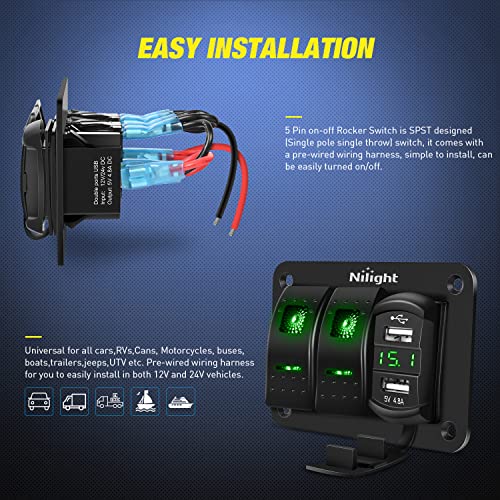 Nilight 2 Gang Rocker Switch Panel with Dual USB Socket Voltmeter - Product Imagery