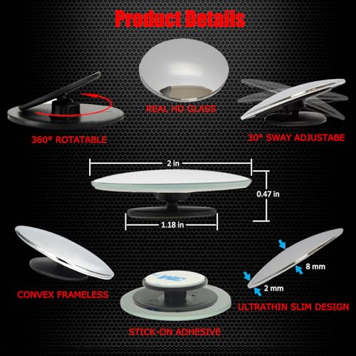 Ampper 2" Round Blind Spot Mirrors, Adjustabe HD Glass Convex - Product Imagery