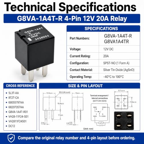 Relay G8VA-1A4T-R (Pack of 4), G8VA1A4TR 4 Pins 12V DC 20A SPST - Product Imagery