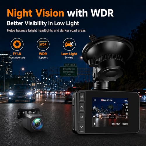 Dash Cam Front and Rear, 2.5K+1080P Dual Camera for Cars, 2" IPS - Product Imagery