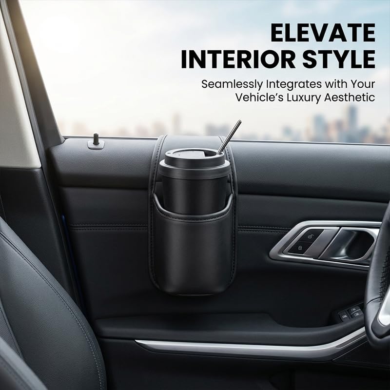 Leather Car Door Cup Holder Organizer for Drinks and Phones，Black - Product Imagery